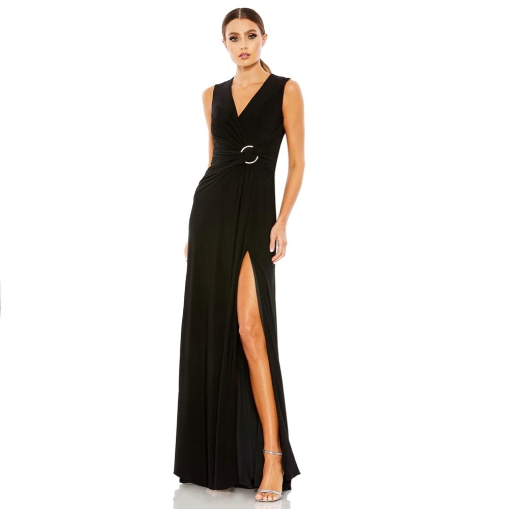 Ieena for Mac Duggal Draped Side Knot Jersey Gown Rhinestones Sleeveless Prom